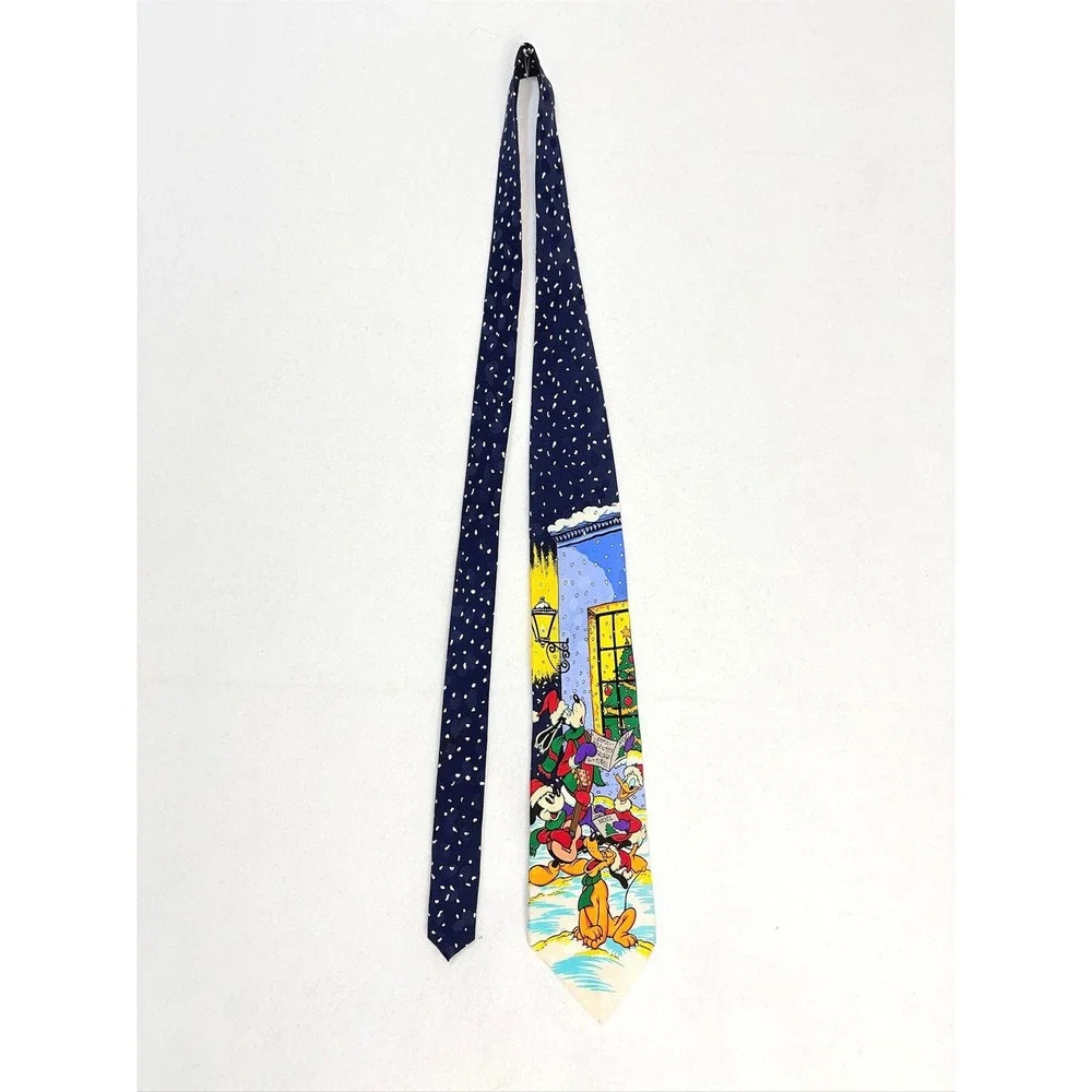 Disney Store Mens‎ Silk Tie Mickey Mouse Donald Duck Christmas Caroling Blue